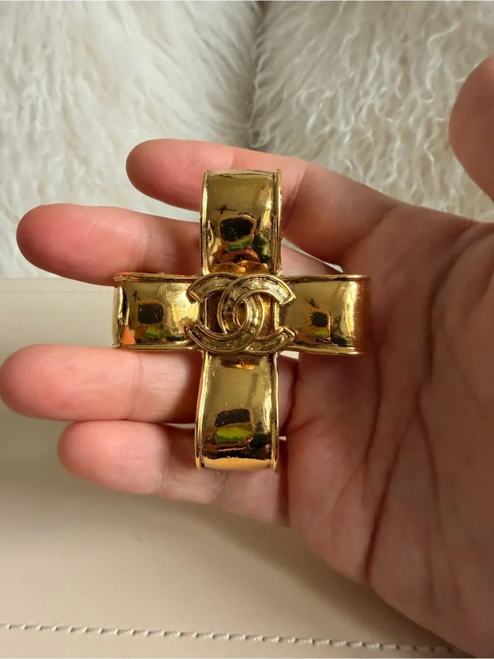 chanel Gold Tone Cross Brooch with Interlocking CC Logo